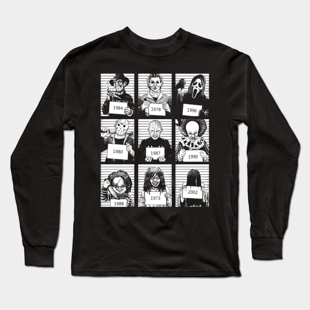 Halloween Mug Shot / Horror Movie Character Long Sleeve T-Shirt by RadRetro